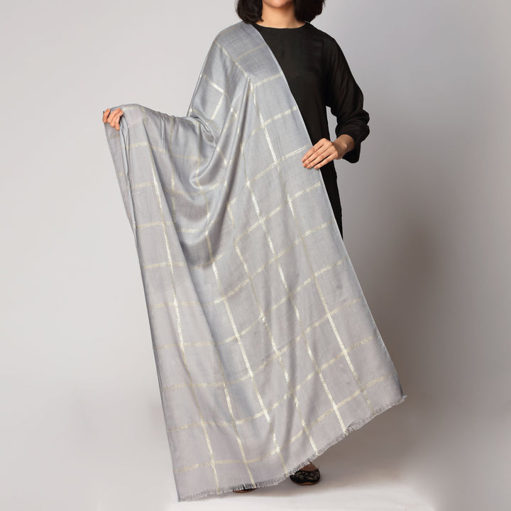 Grey Zari Checkered Stole PS3755