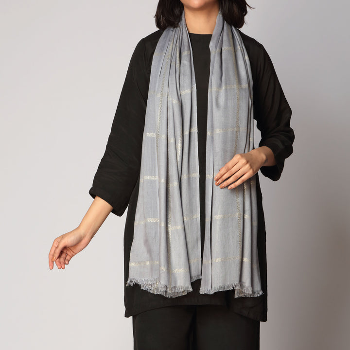 Grey Zari Checkered Stole PS3755
