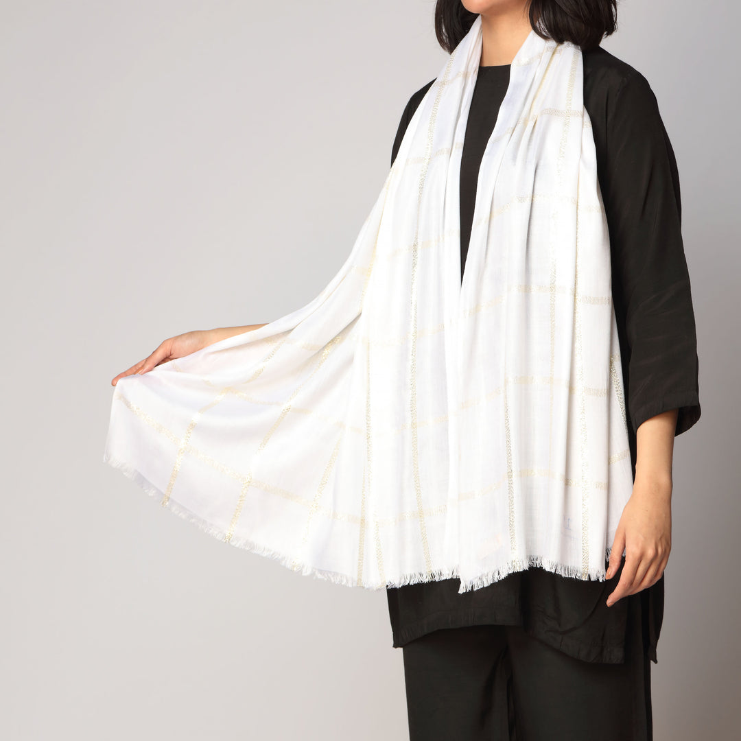 White Zari Checkered Stole PS3755