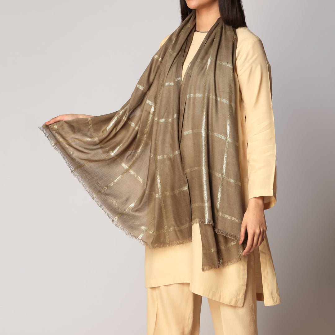 Olive Zari Checkered Stole PS3755
