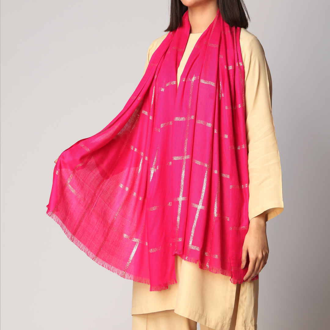 S.Pink Zari Checkered Stole PS3755