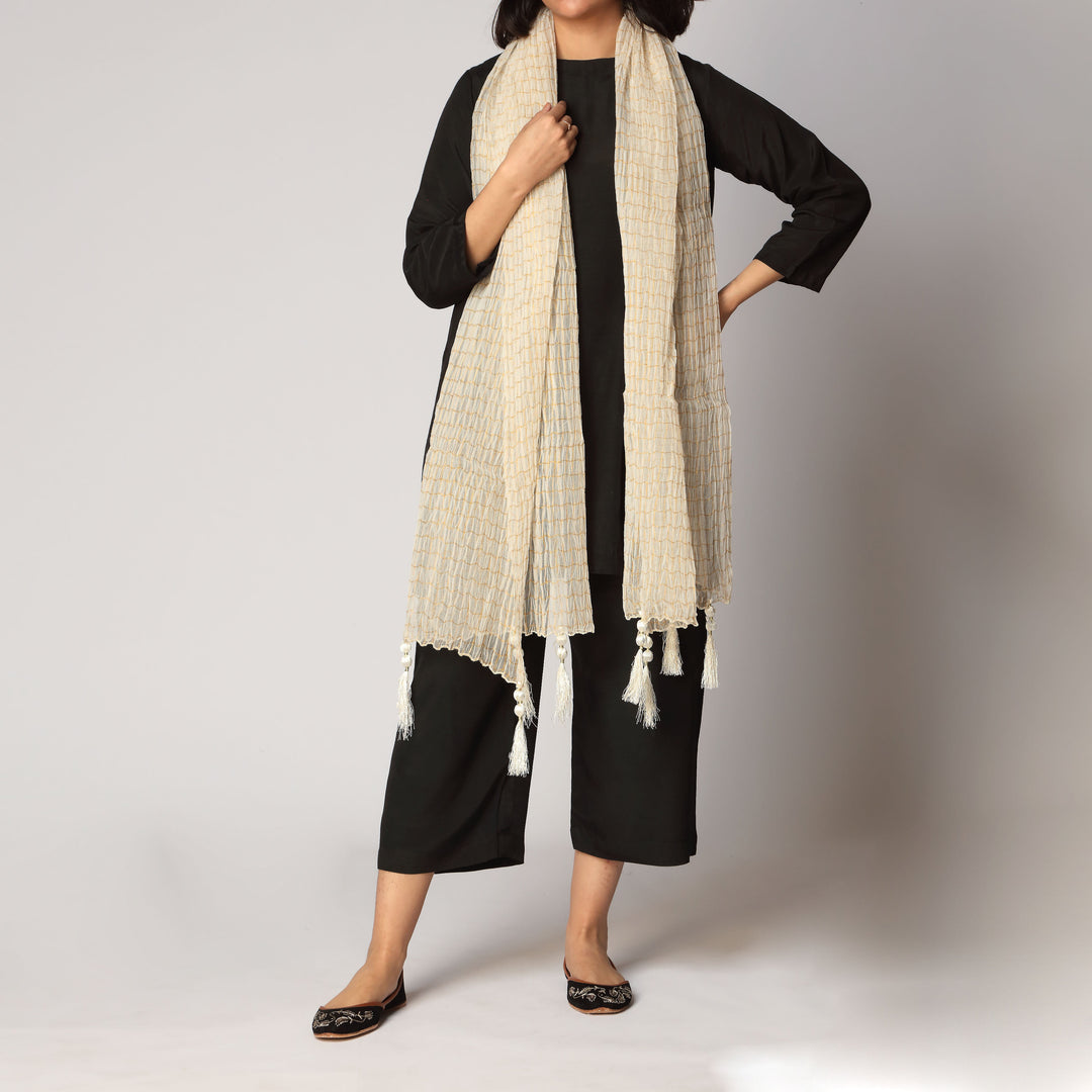 Cream Zari Checkered Stole PS3762