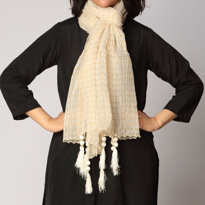 Cream Zari Checkered Stole PS3762