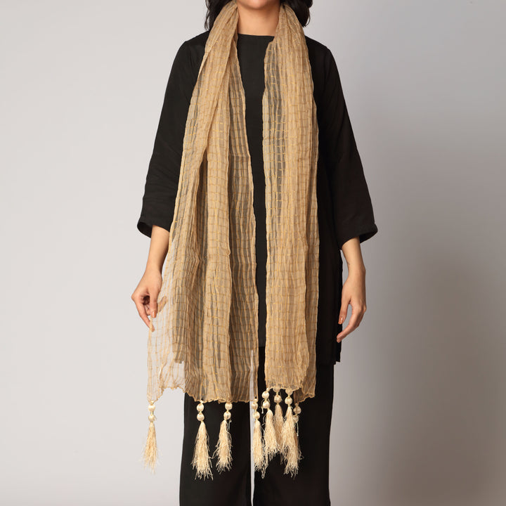 Beige Zari Checkered Stole PS3762