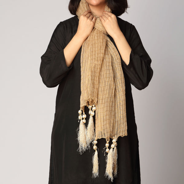 Beige Zari Checkered Stole PS3762