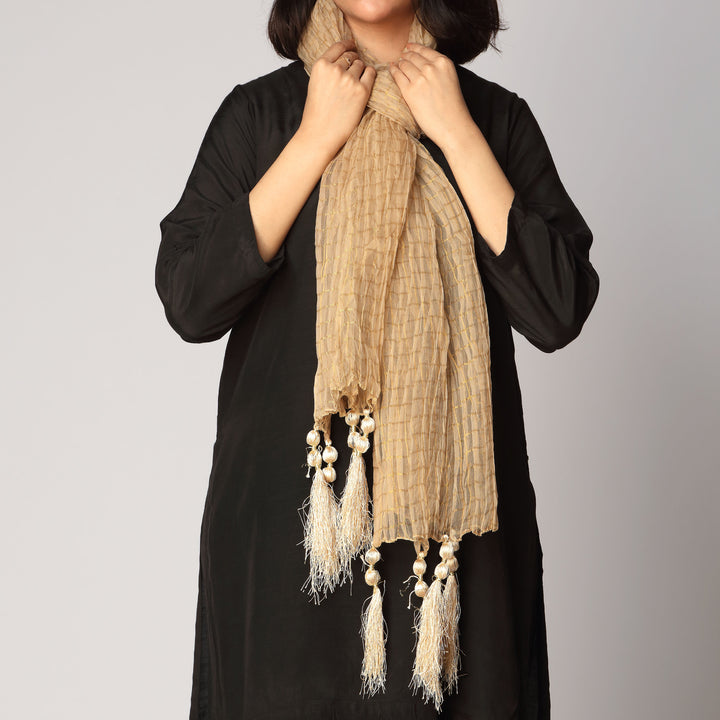Beige Zari Checkered Stole PS3762