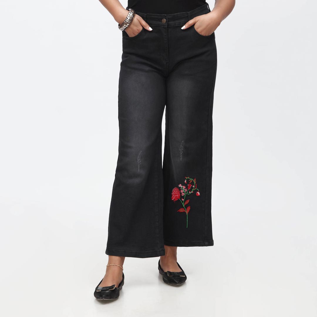 Black Embroidered Flapper Denim Pant PS4527