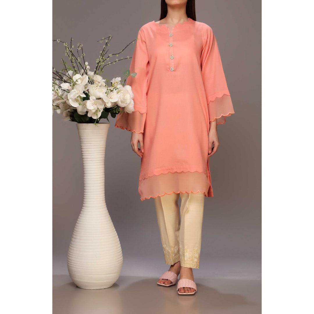 Peach Color Embellished Dobby Lawn Shirt PW1151