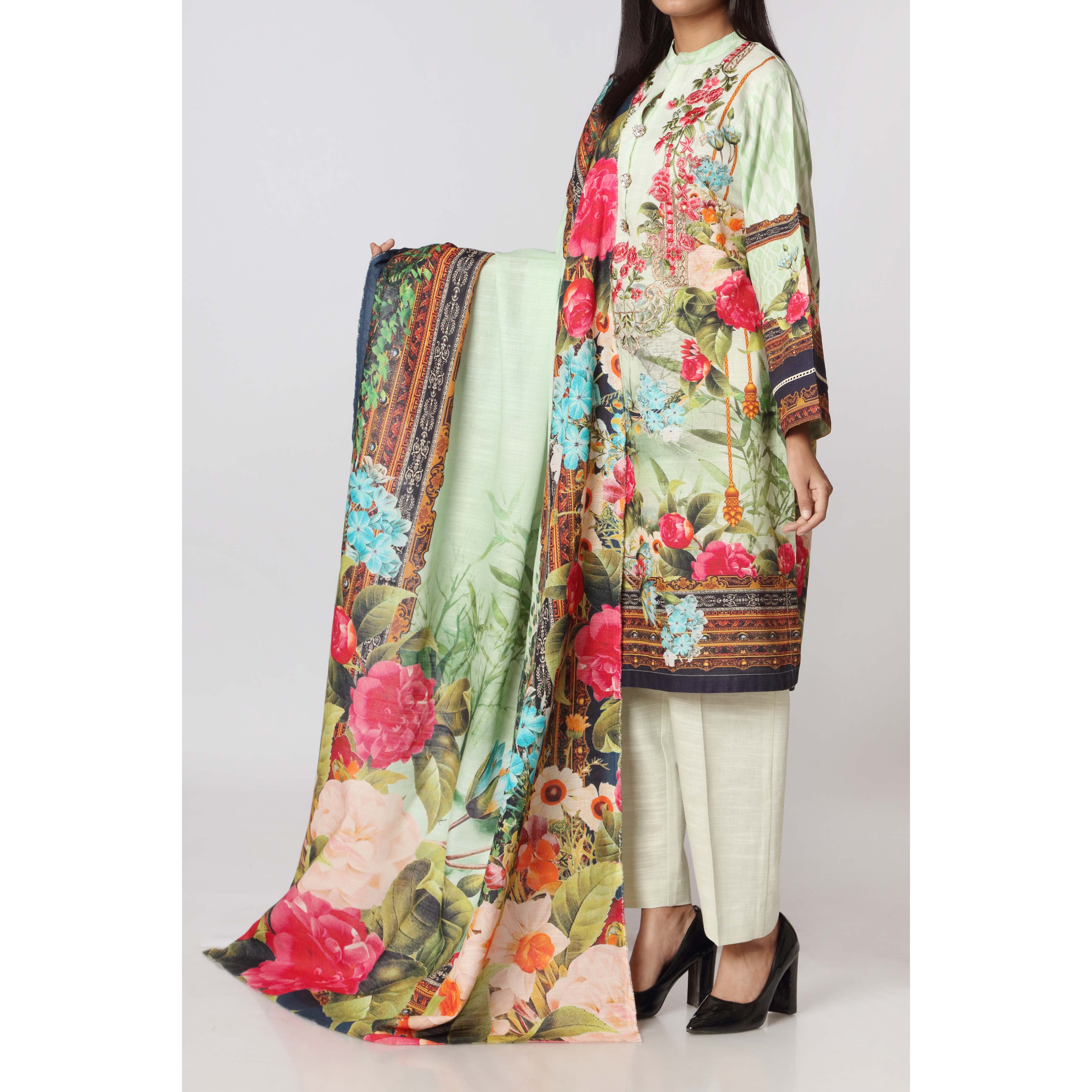 3PC- Digital Printed Khaddar Embroidered Suit  PW2404