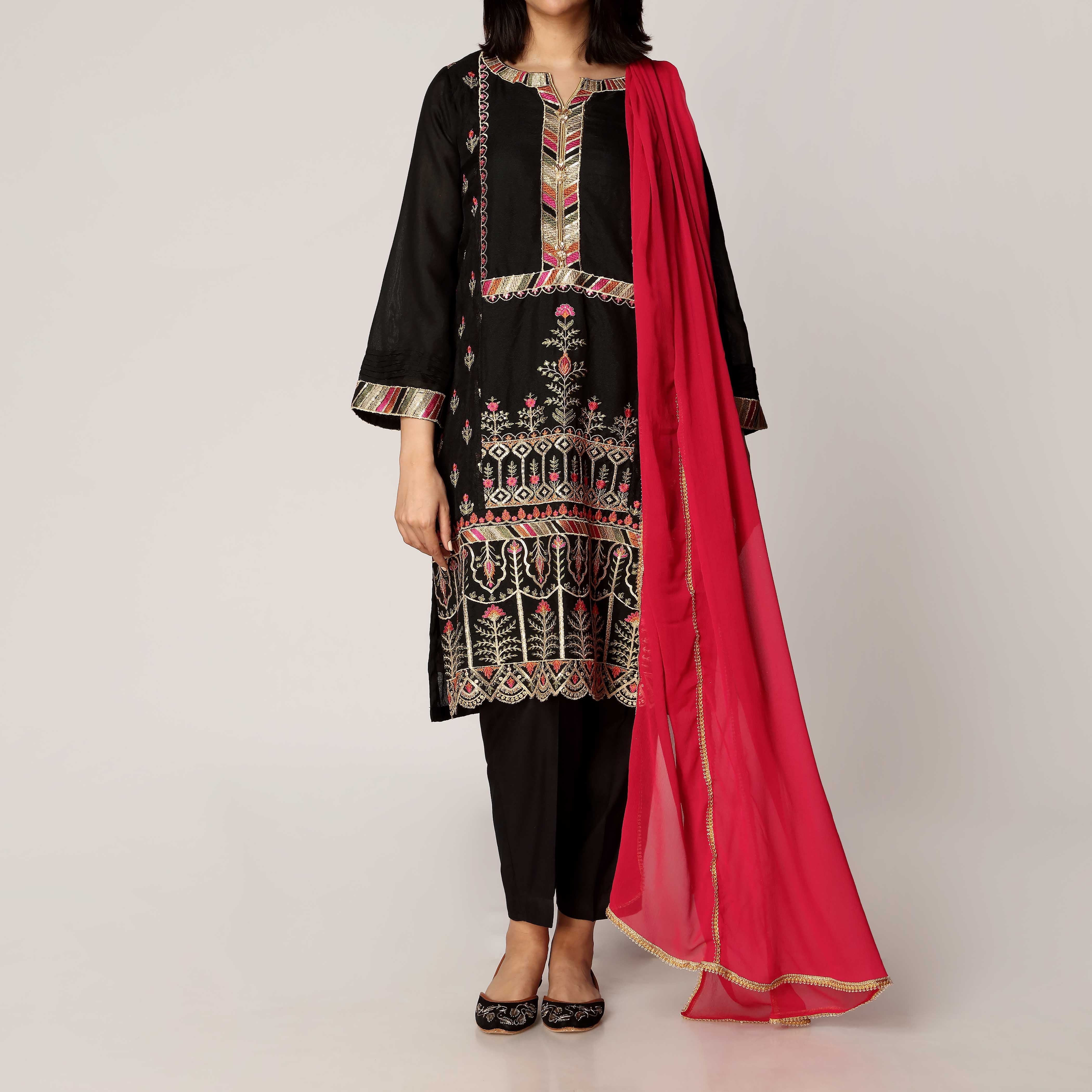 3PC- Embellished Shirt & Dupatta with Silk Trousers PW2239
