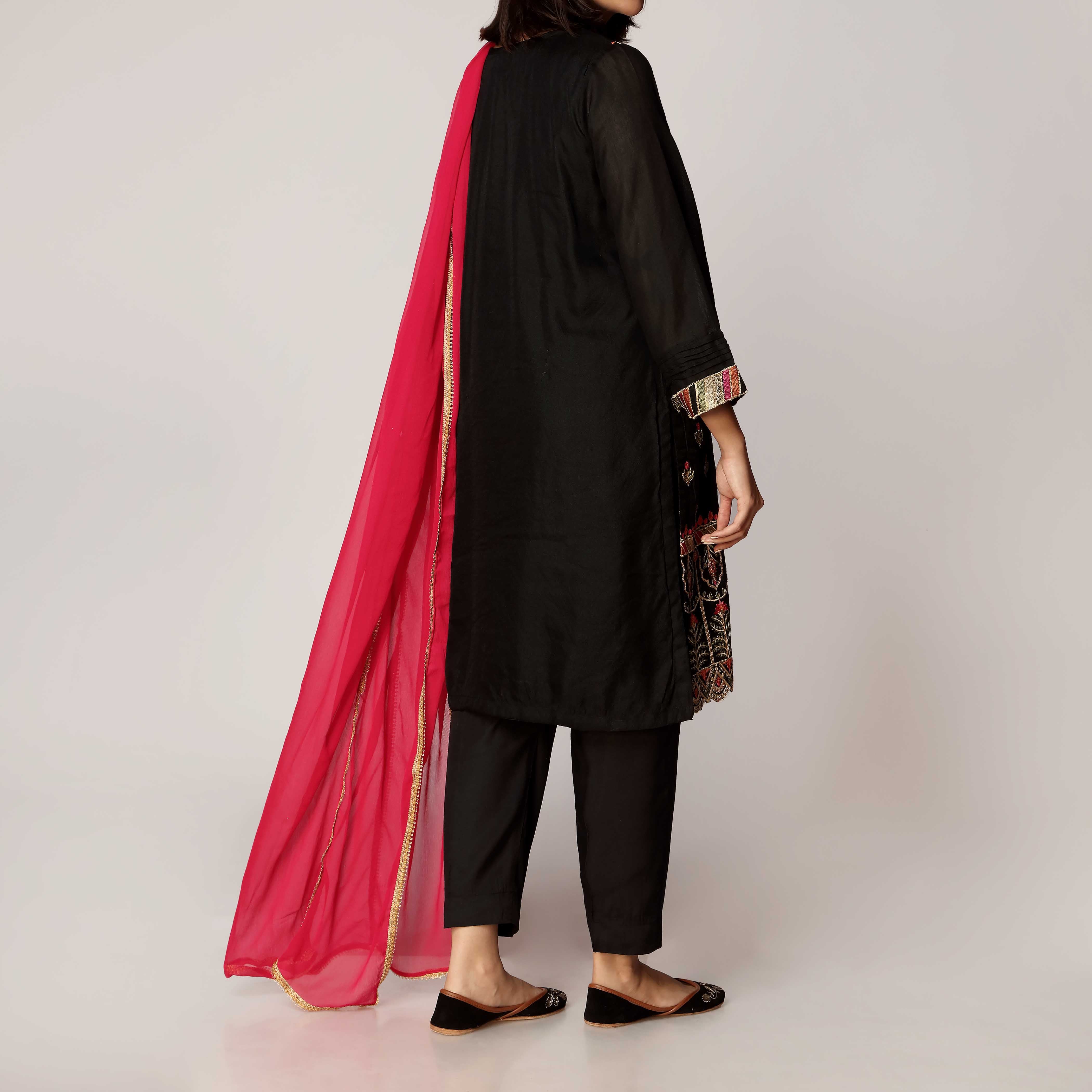 3PC- Embellished Shirt & Dupatta with Silk Trousers PW2239