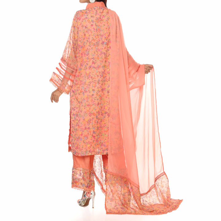 3PC- Georget Embellished Shirt with Chiffion Dupatta & Raw Silk Trousers PW2253