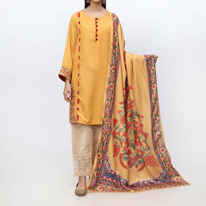 2PC- Embroidered Acrylic Shirt & Digital Printed Shawl PW3018