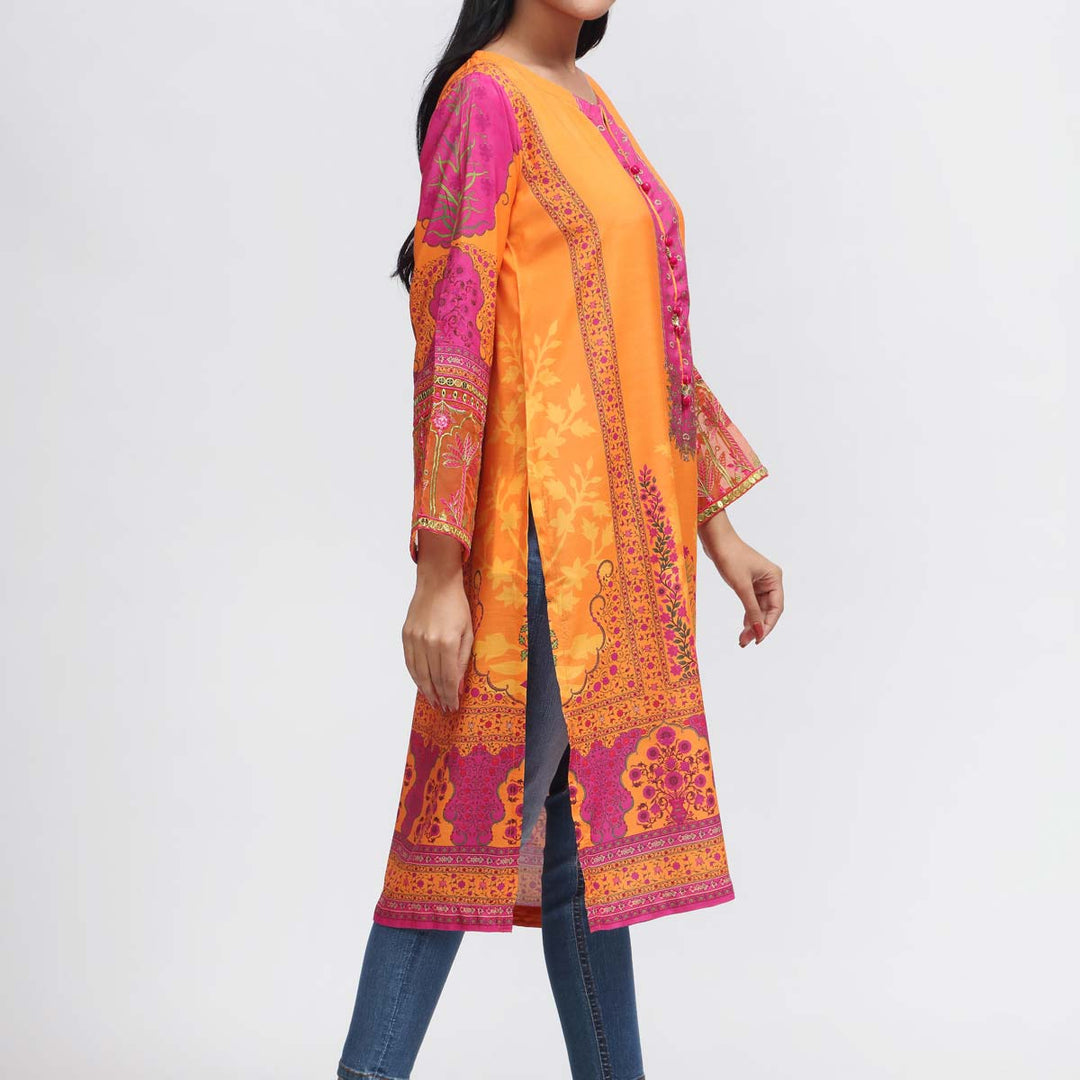 1PC- Embroidered & Printed Raw Silk Shirt PW3059