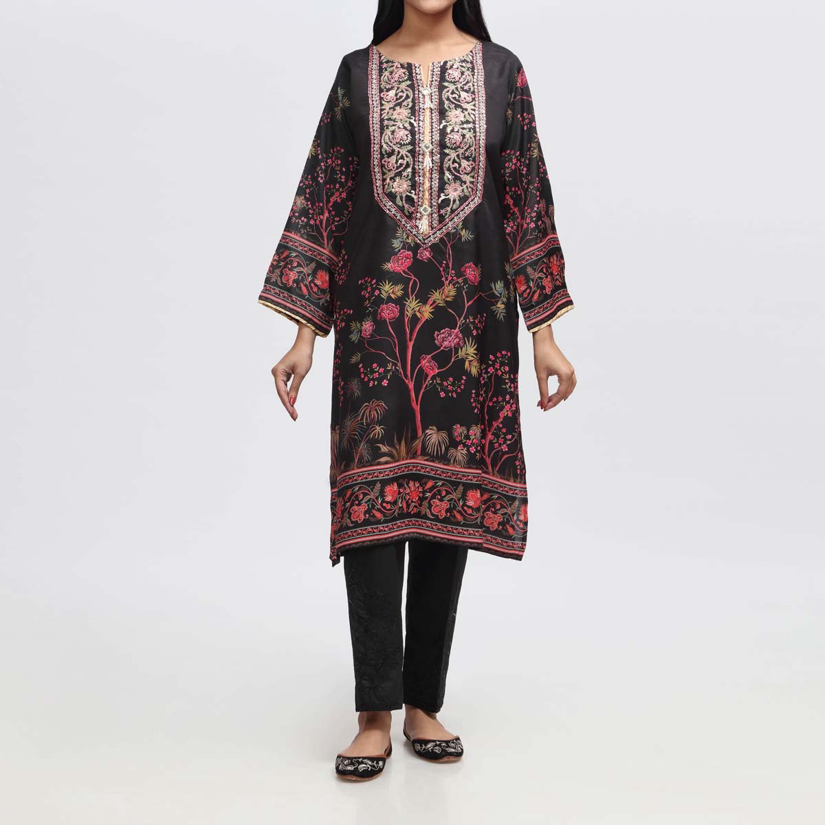 1PC- Embroidered & Printed Raw Silk Shirt PW3060