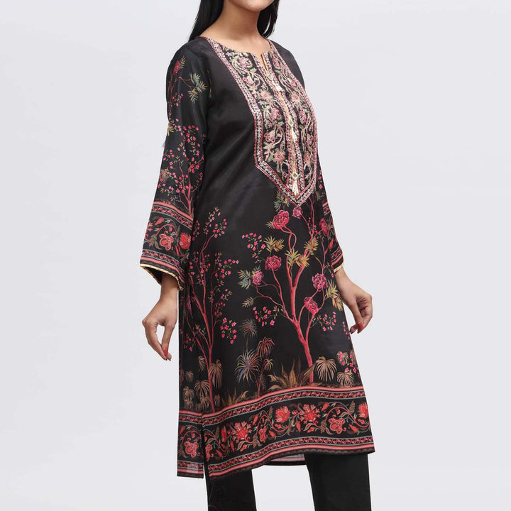 1PC- Embroidered & Printed Raw Silk Shirt PW3060