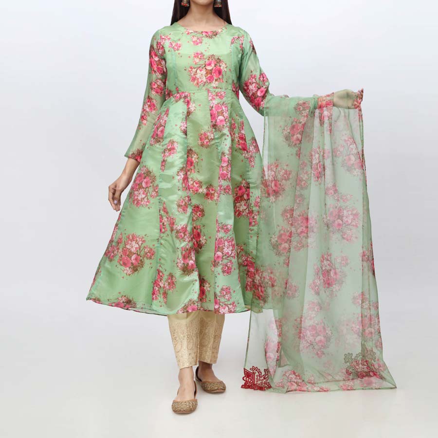 2PC- Digital Printed Tassar Shirt & EMB Organza Dupatta PW3202