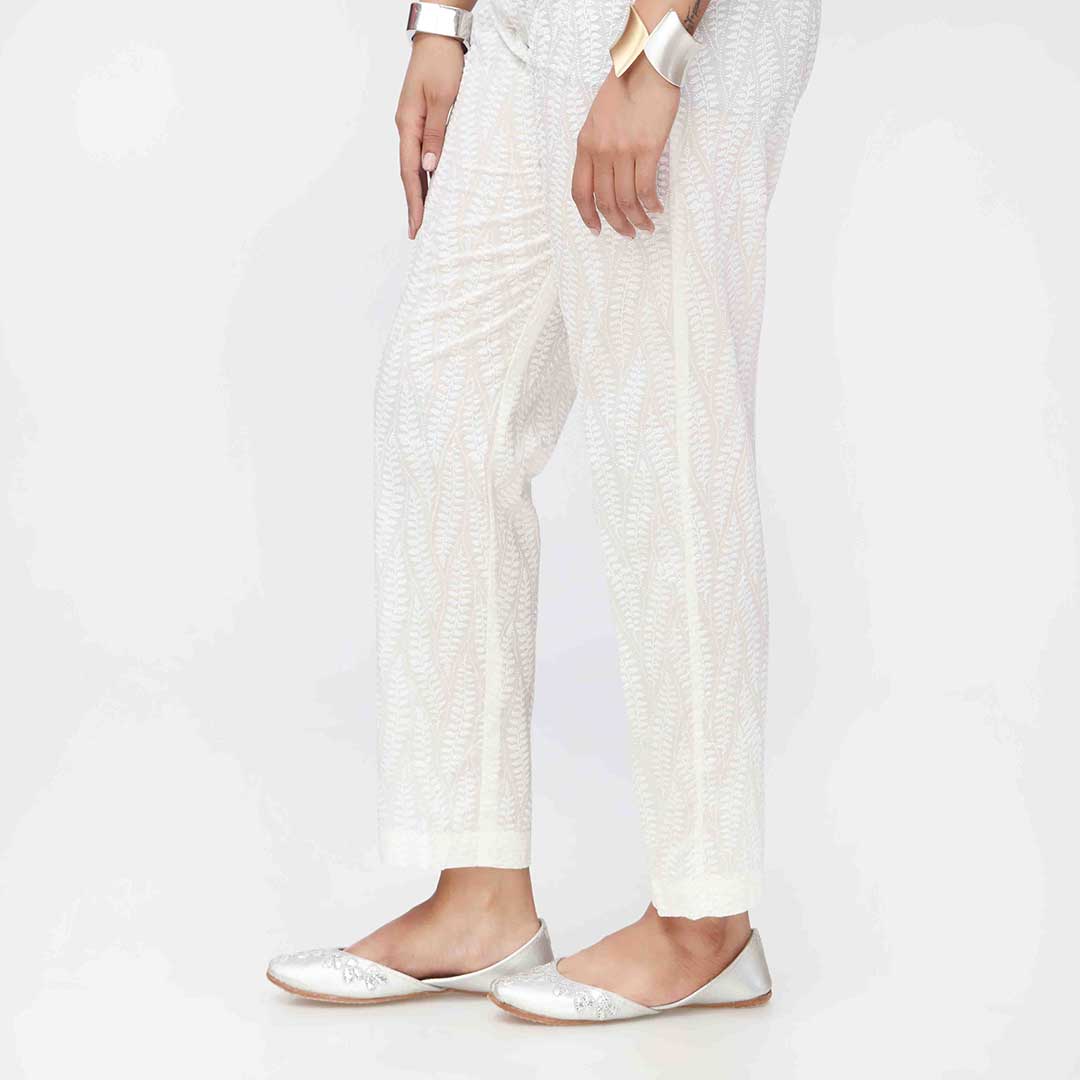 White Puff Printed Cambric Slimfit Trouser PW3588