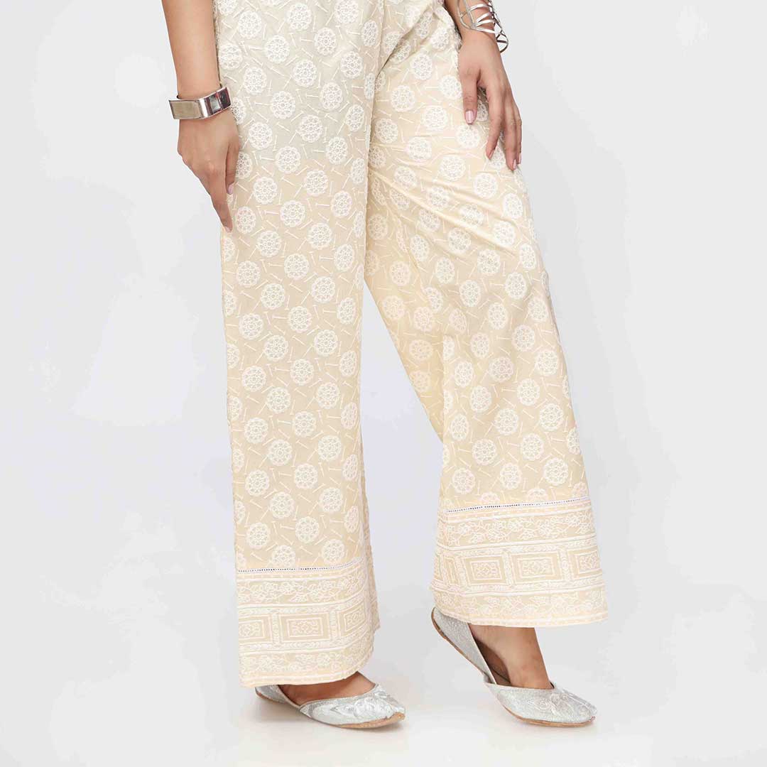 Beige Puff Printed Cambric Straight Trouser PW3589
