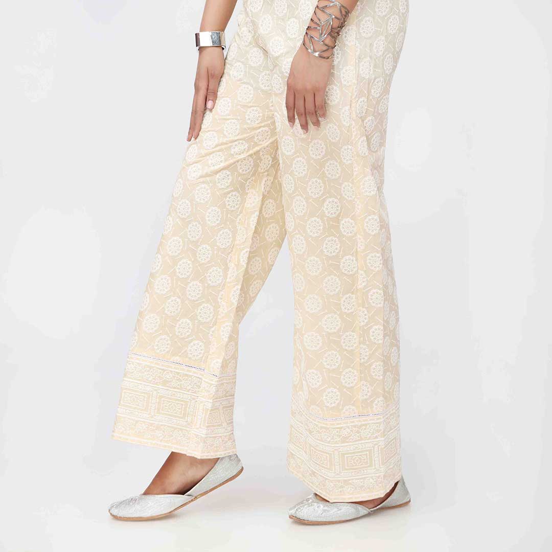 Beige Puff Printed Cambric Straight Trouser PW3589