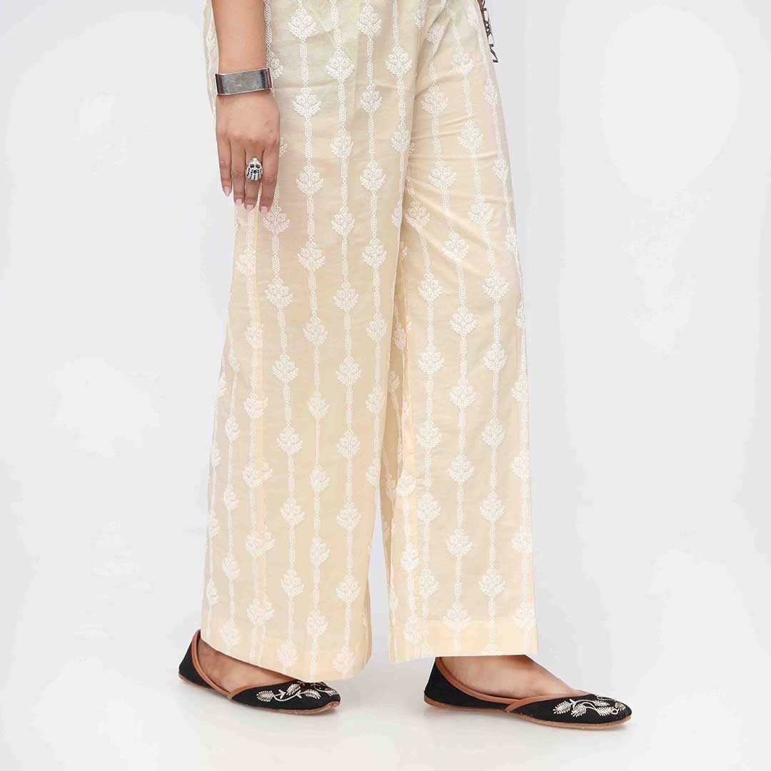 Beige Puff Printed Cambric Straight Trouser PW3592