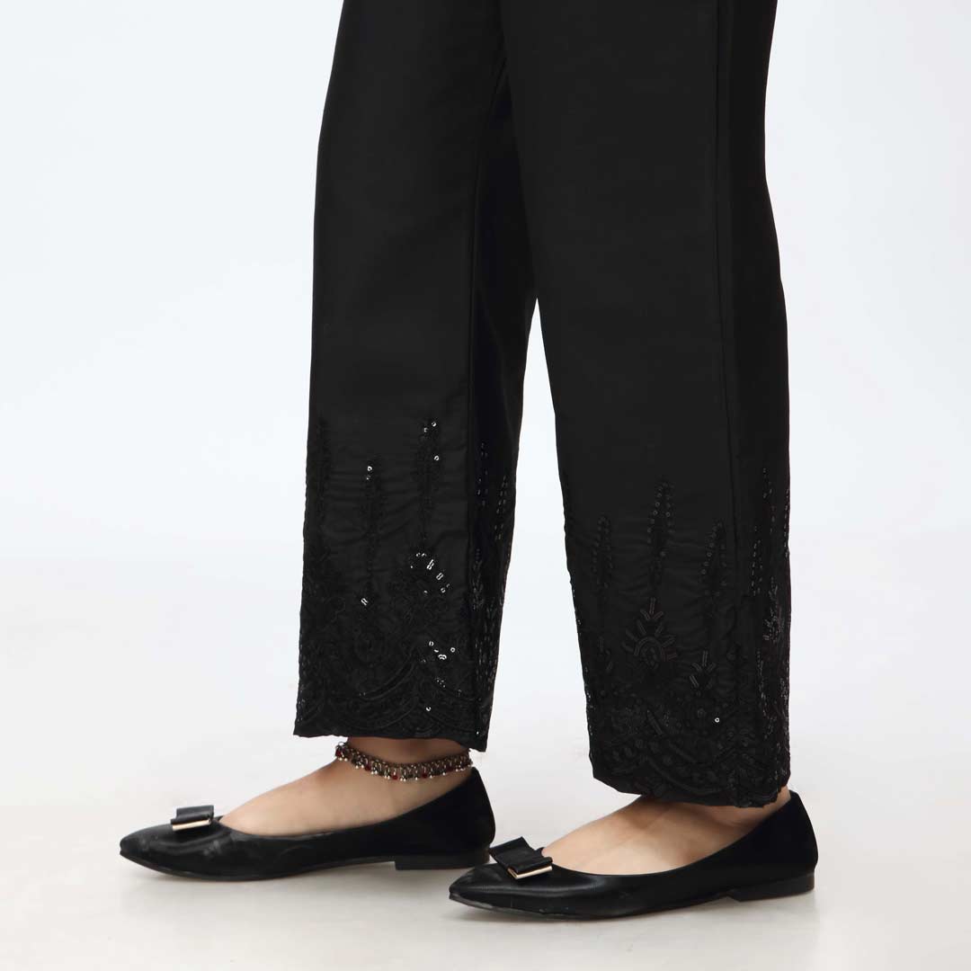 Black Embroidered Bell Bottom Cambric Trouser PW3658