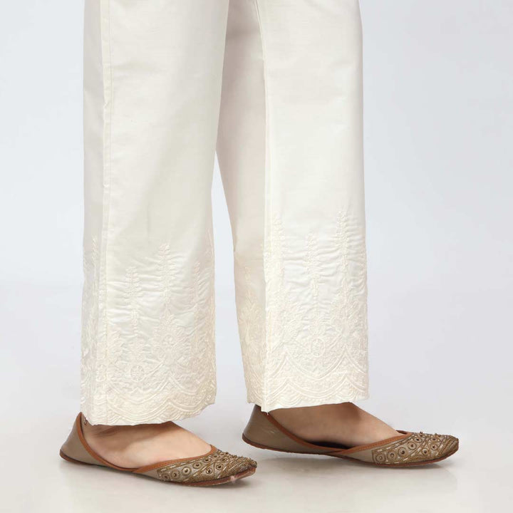 Cream Embroidered Bell Bottom Cambric Trouser PW3658