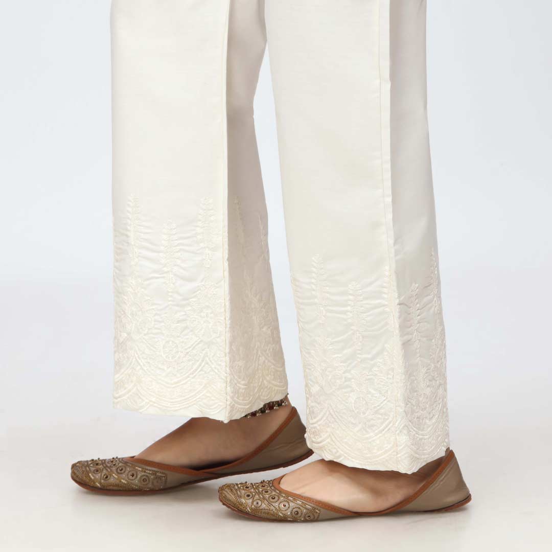 Cream Embroidered Bell Bottom Cambric Trouser PW3658