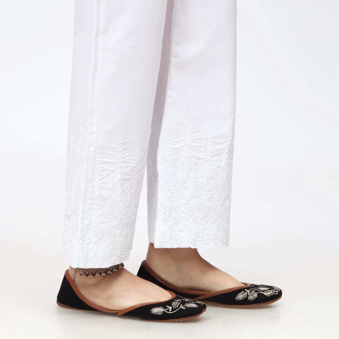 White Embroidered Bell Bottom Cambric Trouser PW3658