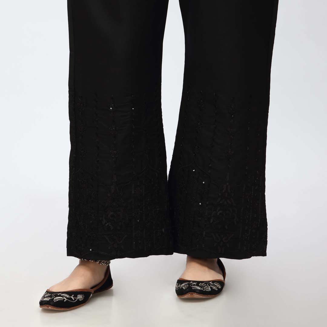 Black Embroidered Bell Bottom Cambric Trouser PW3662