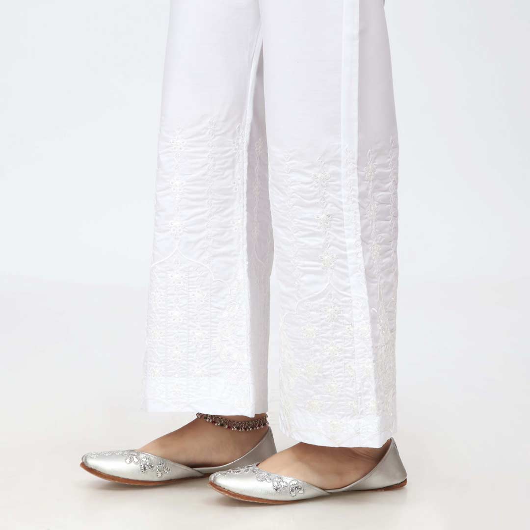 White Embroidered Bell Bottom Cambric Trouser PW3662
