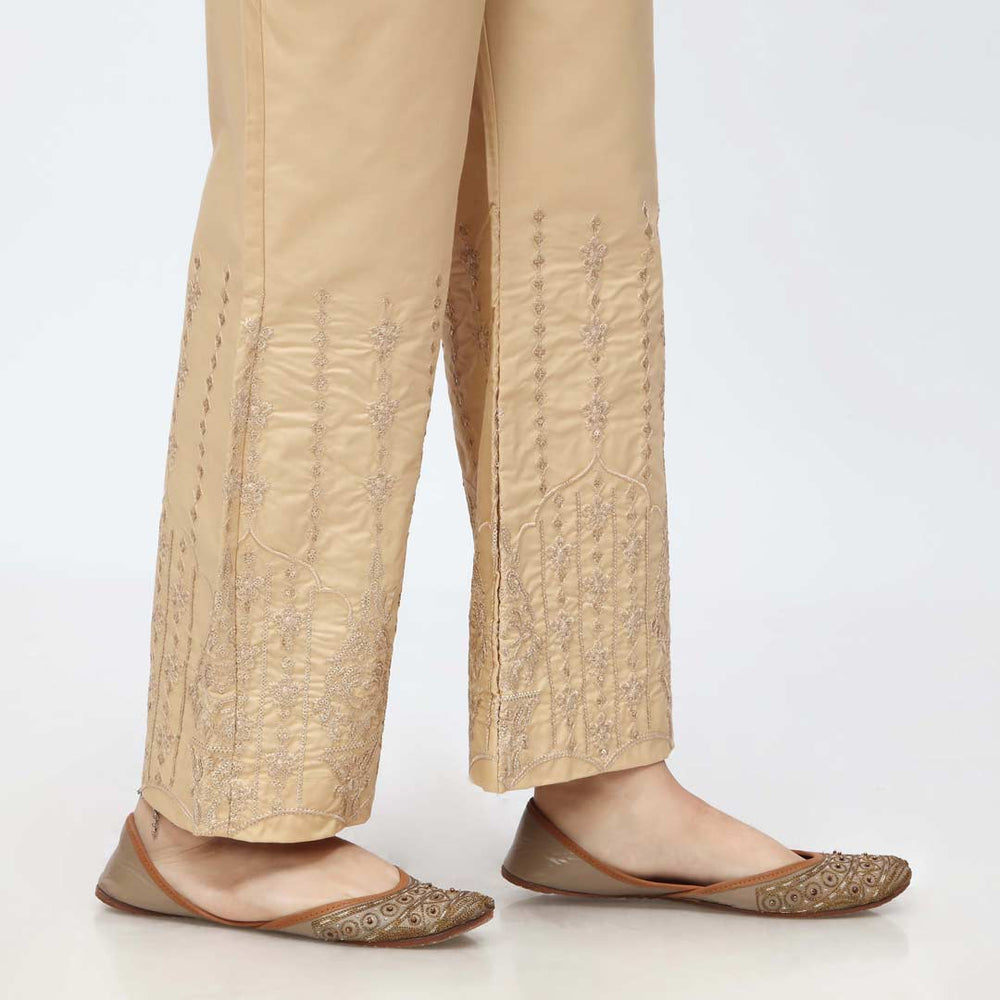 Beige Embroidered Bell Bottom Cambric Trouser PW3662