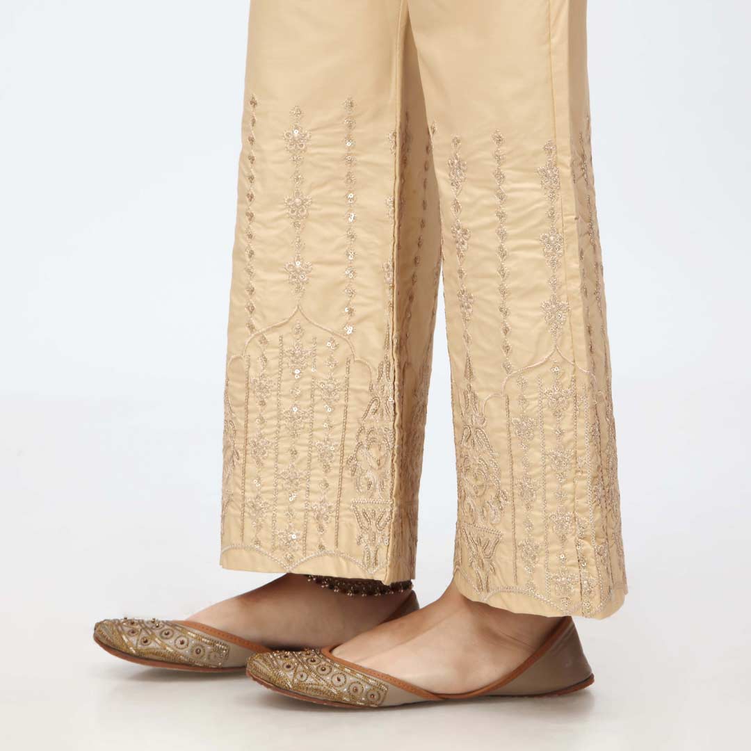 Beige Embroidered Bell Bottom Cambric Trouser PW3662