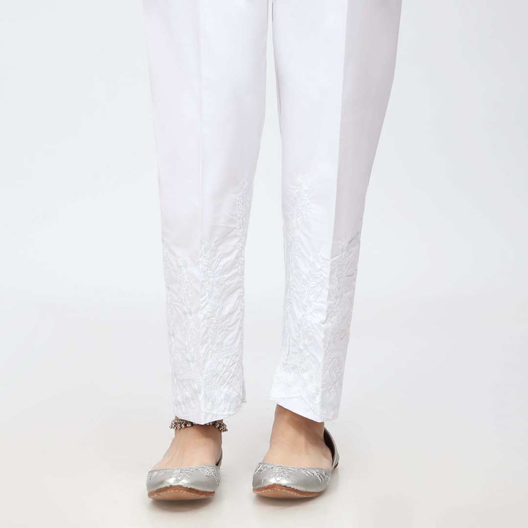 White Embroidered Cambric Slim Fit Trouser PW3666