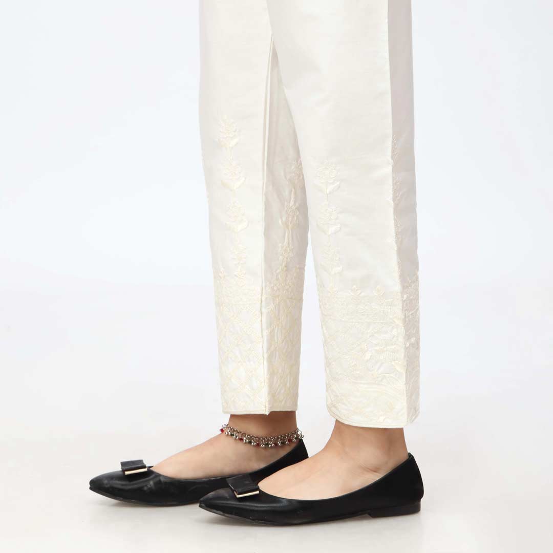 Cream Embroidered Cambric Slim Fit Trouser PW3667