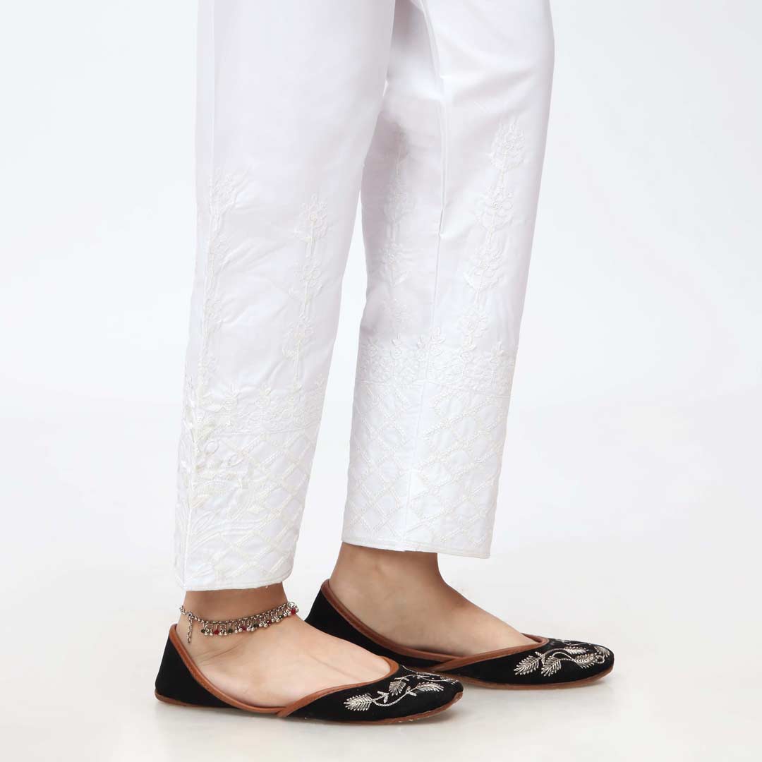 White Embroidered Cambric Slim Fit Trouser PW3667