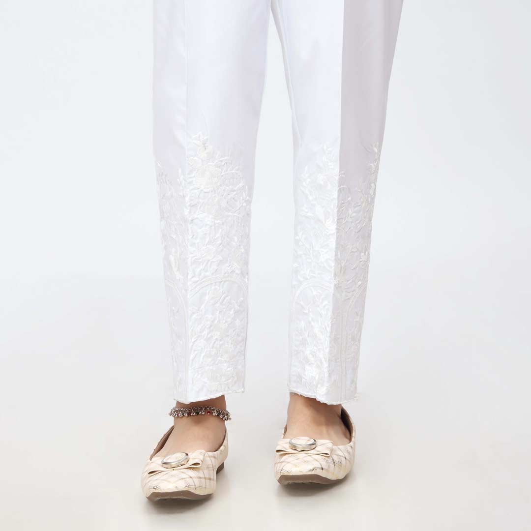 White Embroidered Cambric Slim Fit Trouser PW3668