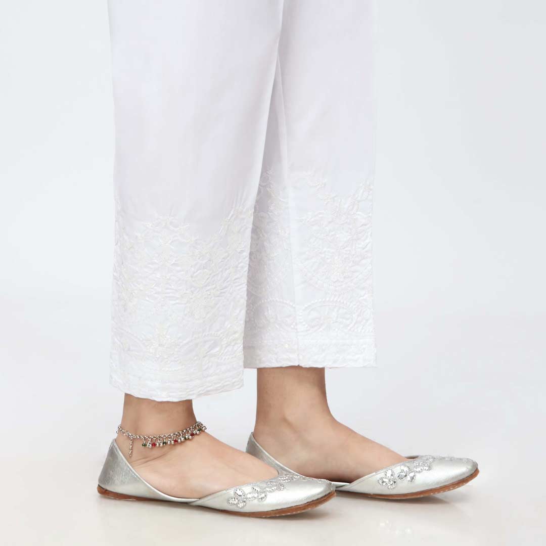 White Embroidered Cambric Slim Fit Trouser PW3670