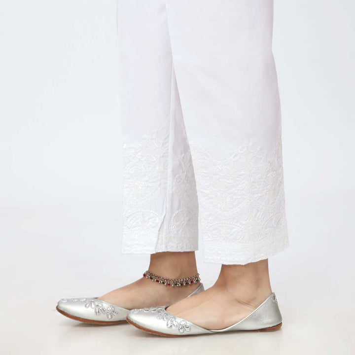 White Embroidered Cambric Slim Fit Trouser PW3670