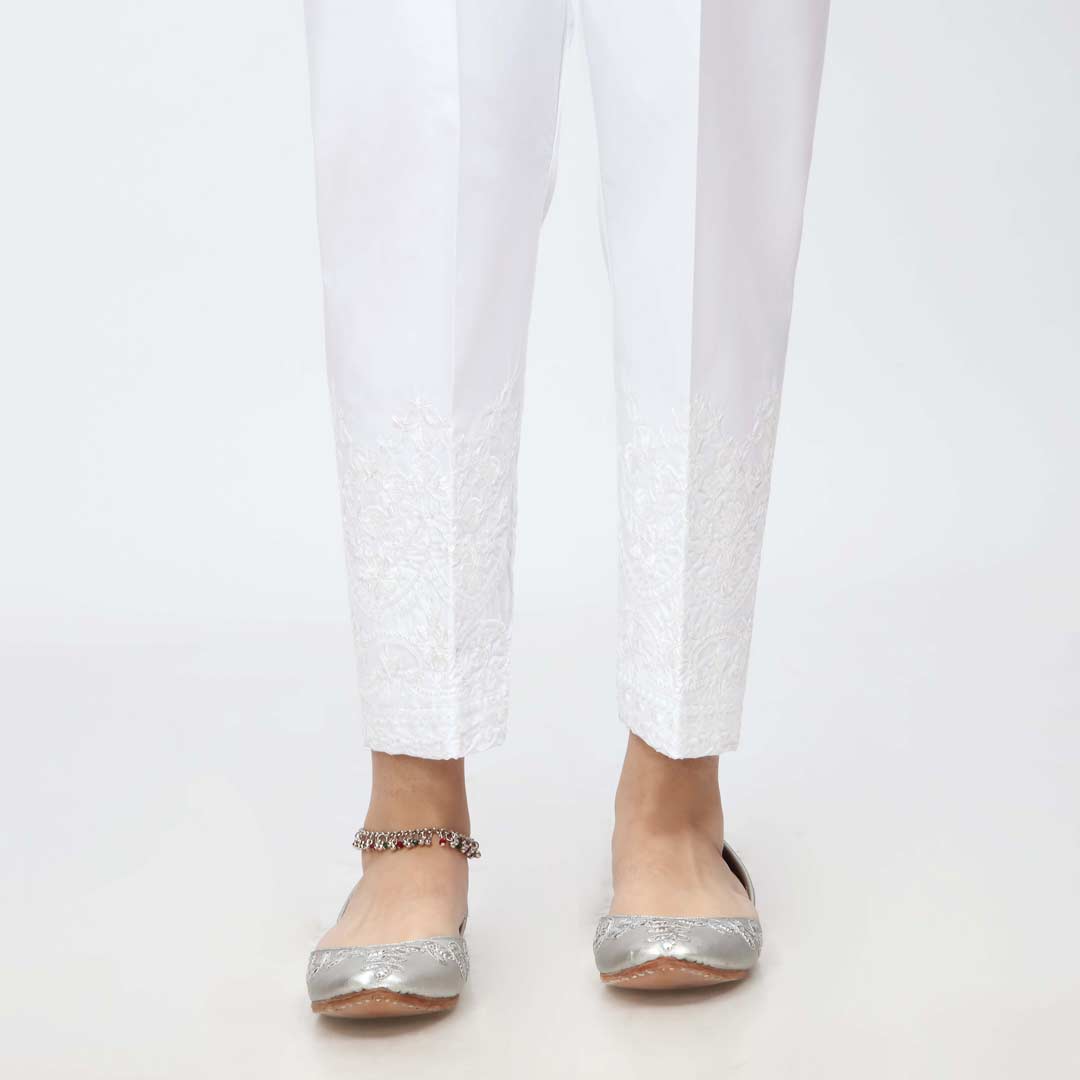 White Embroidered Cambric Slim Fit Trouser PW3670