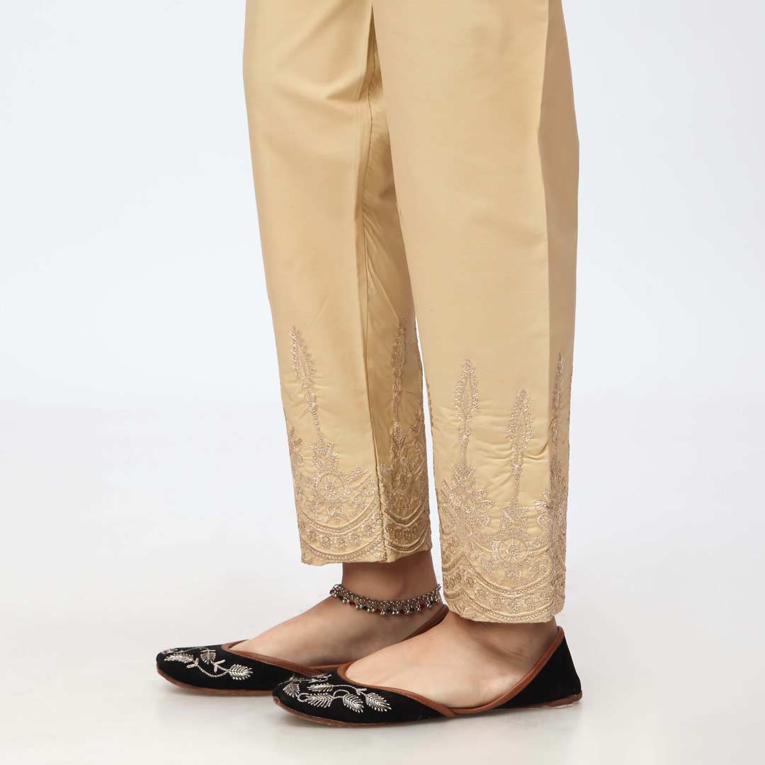 Beige Embroidered Cambric Slim Fit Trouser PW3671
