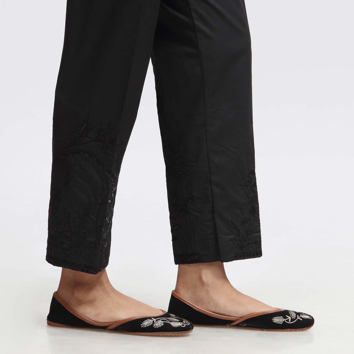 Black Embroidered Cambric Slim Fit Trouser PW3673
