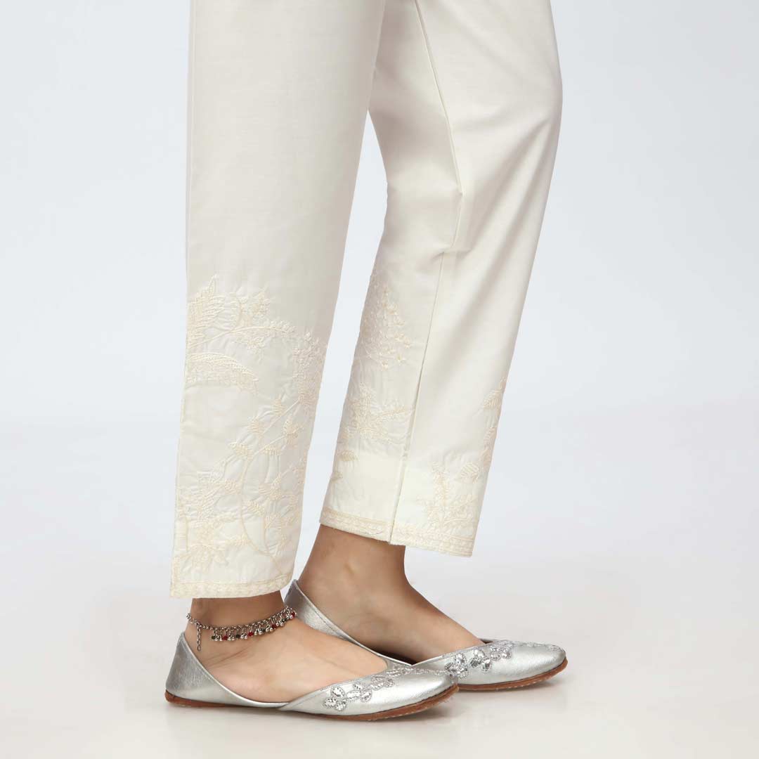 Cream Embroidered Cambric Slim Fit Trouser PW3673