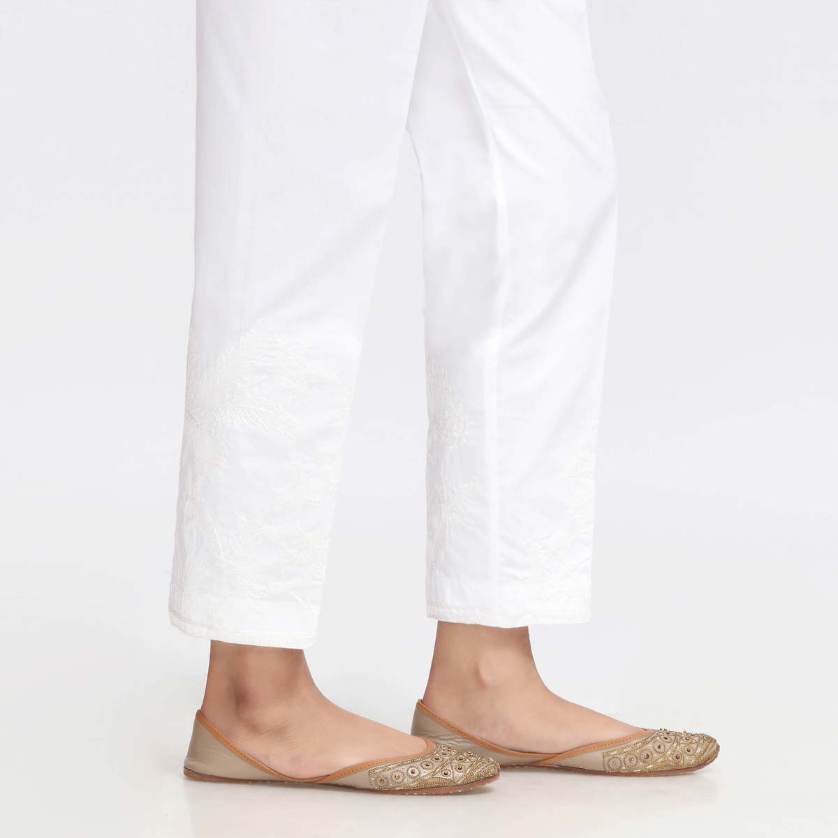 White Embroidered Cambric Slim Fit Trouser PW3673
