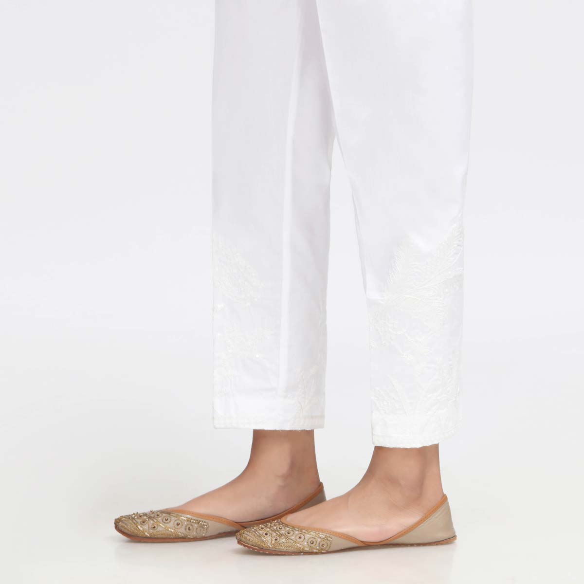 White Embroidered Cambric Slim Fit Trouser PW3673