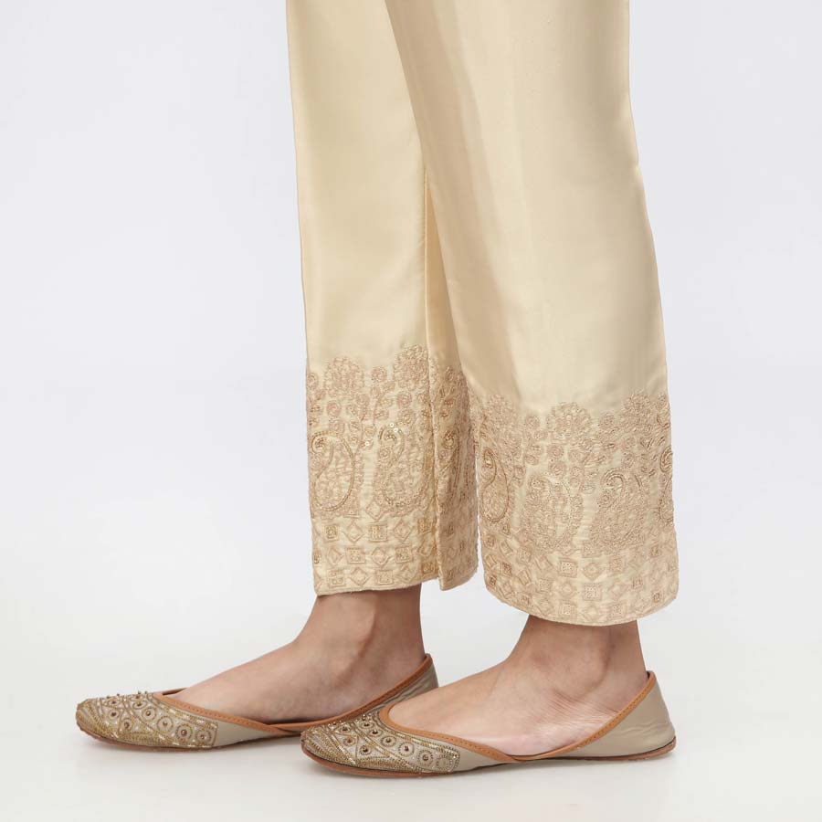 Beige Embroidered  Shamouse Silk Trouser PW3694