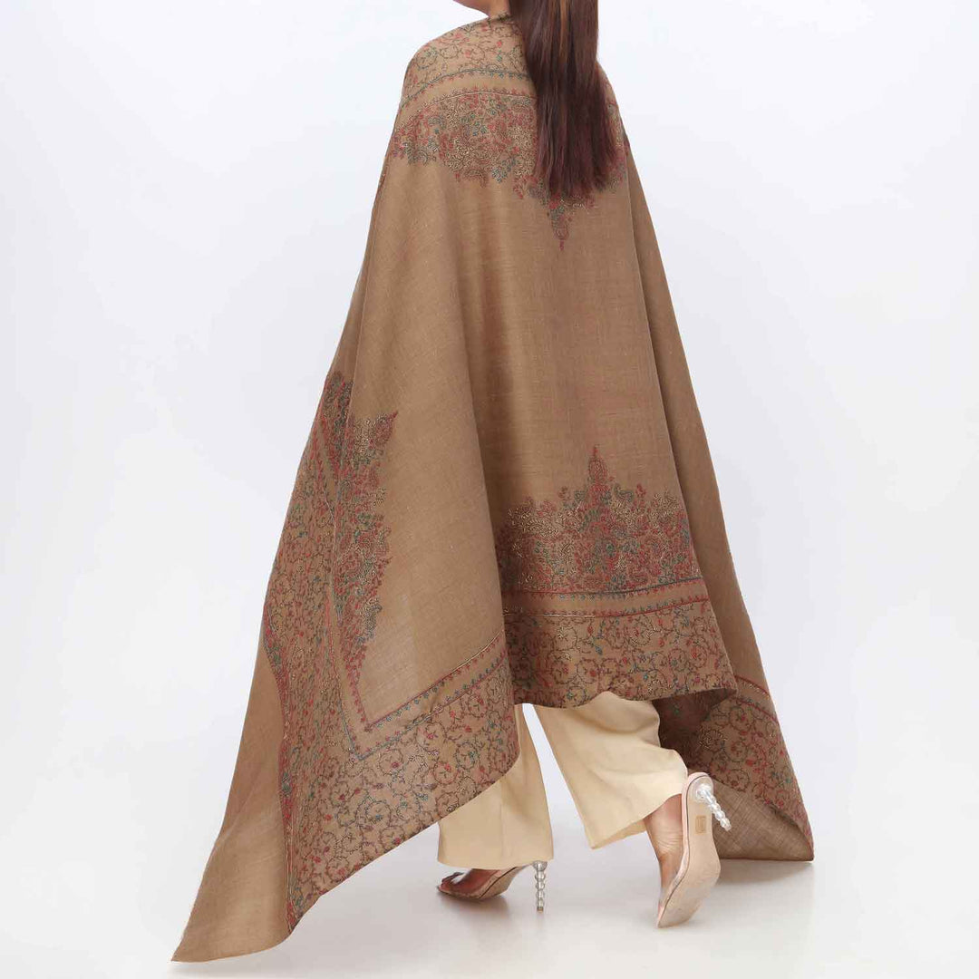 Khaki Embroidered Winter Shawl PW3703